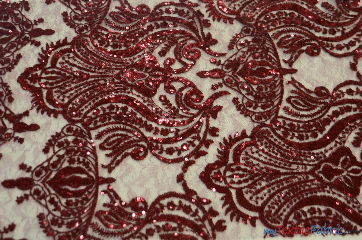 Medallion Bridal Lace Polyester Fabric - Sequins Damask Embroidery, Sheer White, 52" Width (1 Yard)