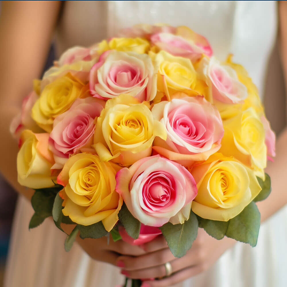Pink Yellow Roses Bridesmaids Bouquets 6 Sets Fresh Wedding Flowers 28 Stems Each Romantic Floral