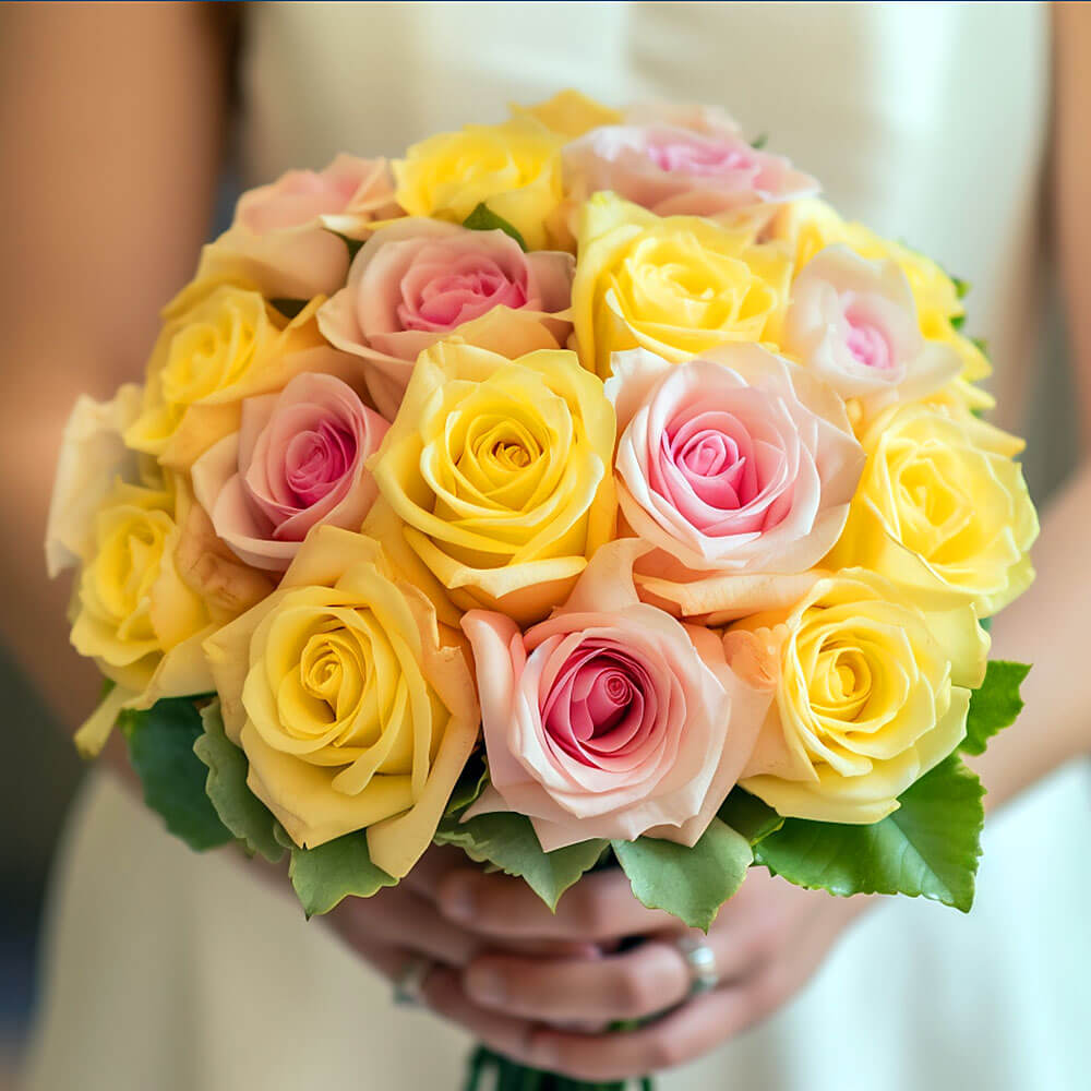 Pink Yellow Roses Bridesmaids Bouquets 6 Sets Fresh Wedding Flowers 28 Stems Each Romantic Floral