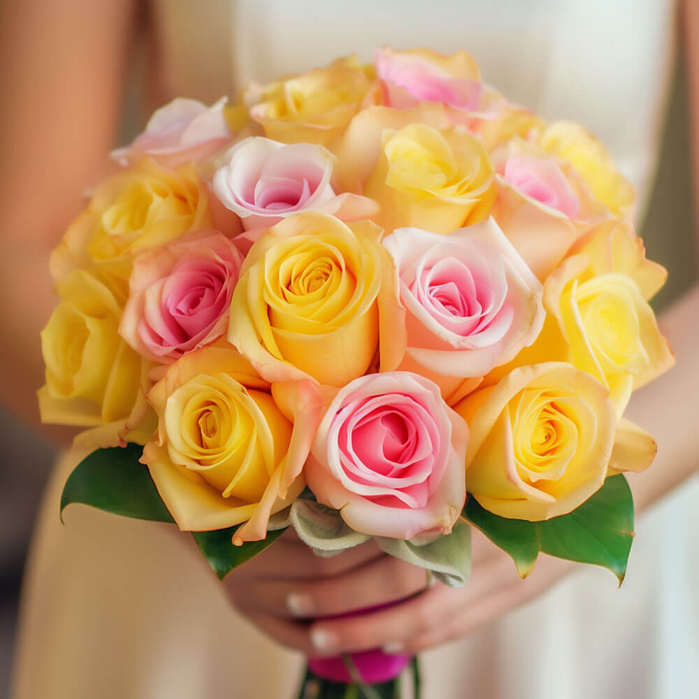 Pink Yellow Roses Bridesmaids Bouquets 3 Sets Fresh Wedding Flowers 28 Stems Each Romantic Floral