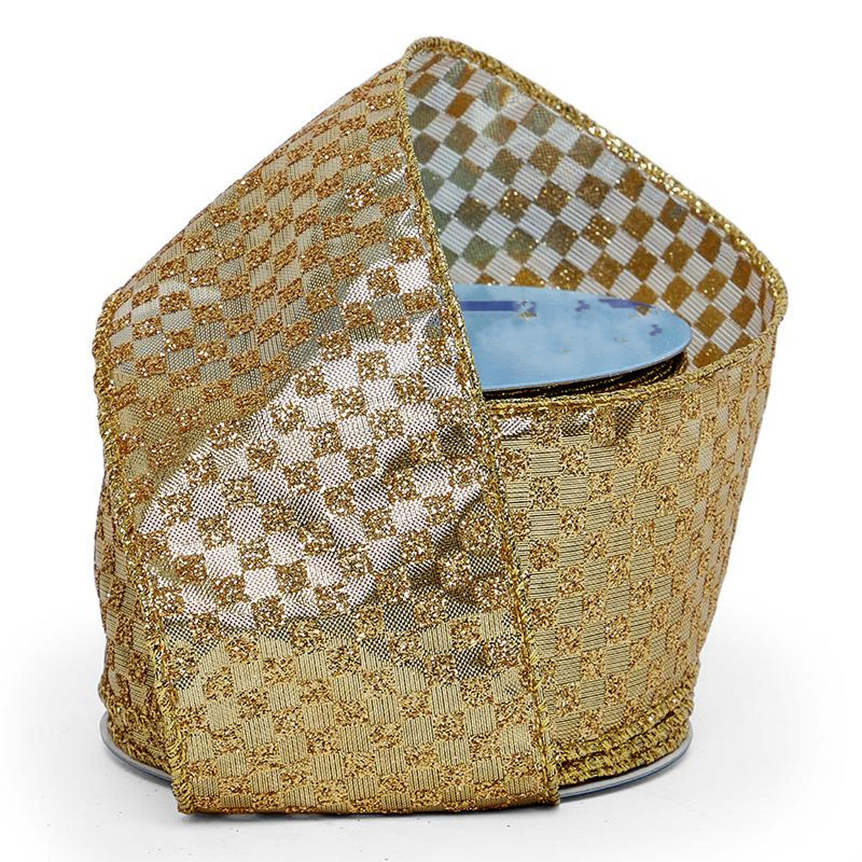 Glitter Mini Checker Pattern On Wired Ribbon 2 1/2 '' X 10 yd Metallic Gold Color 1 / roll