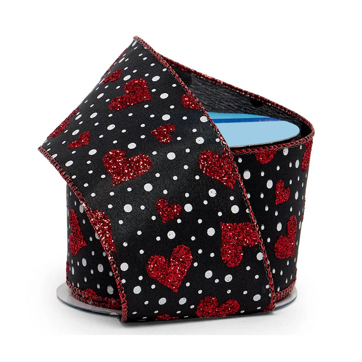 Glitter Hearts & Dots On Wired Ribbon 2 1/2 '' x 10 yd Red Hearts / White Dots Color 1 / ROLL