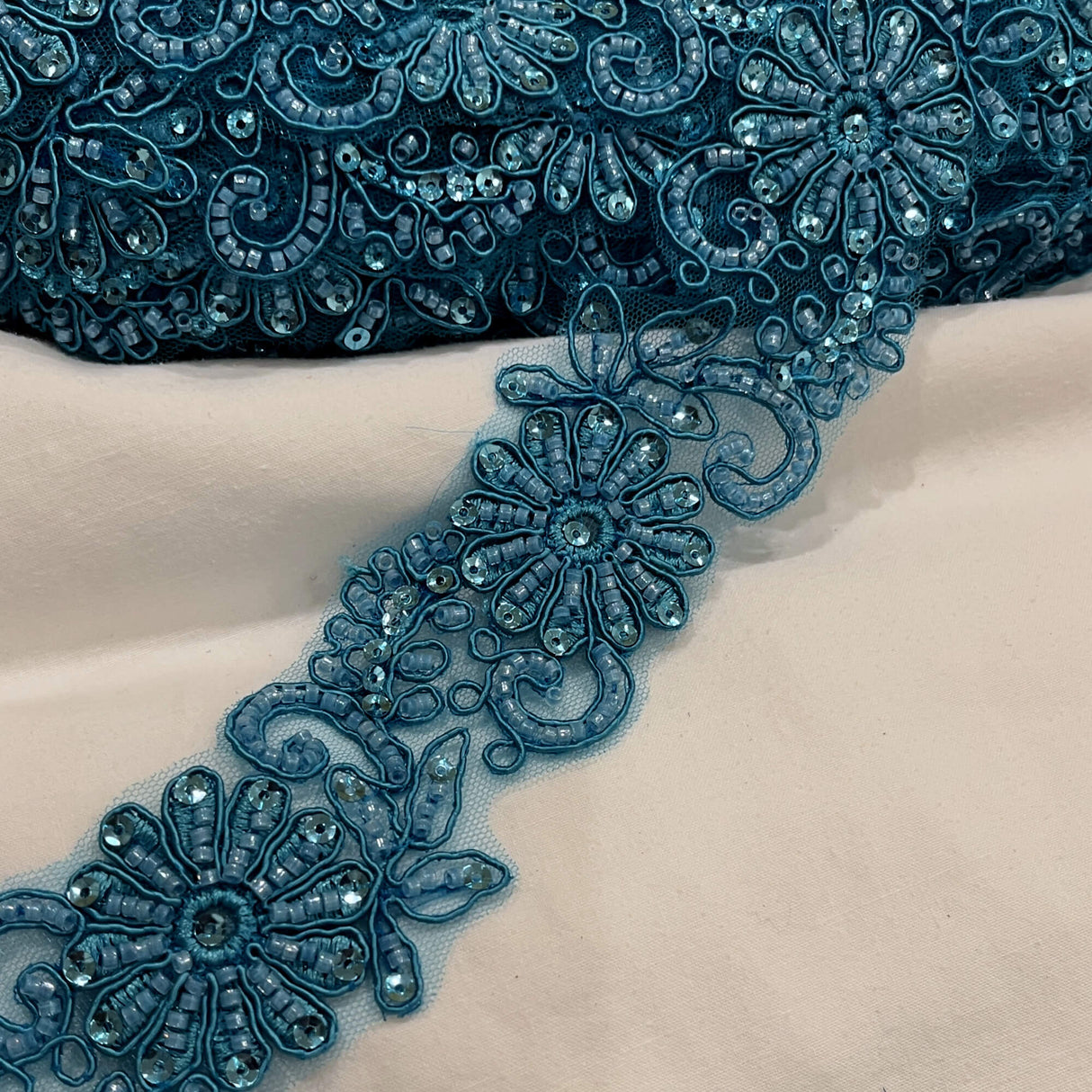 Beaded Corded Lace Trim on Polyester Mesh