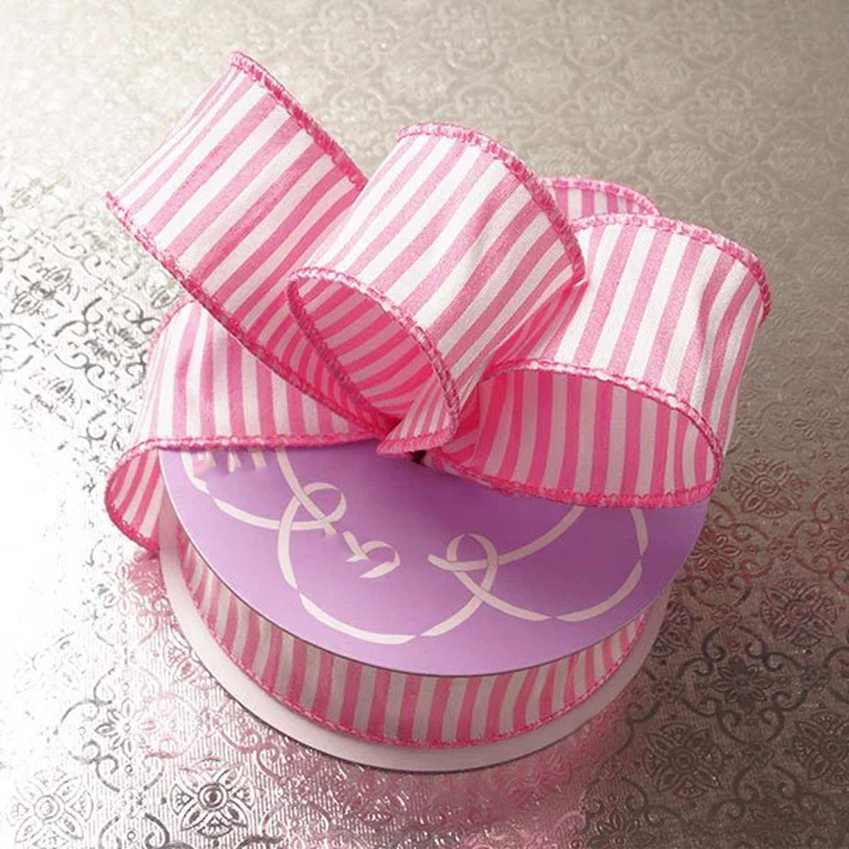 Cotton-Blend Wired Edge Horizontal Striped Ribbon 1 1/2 '' X 10 yd Pink Color 1 / roll