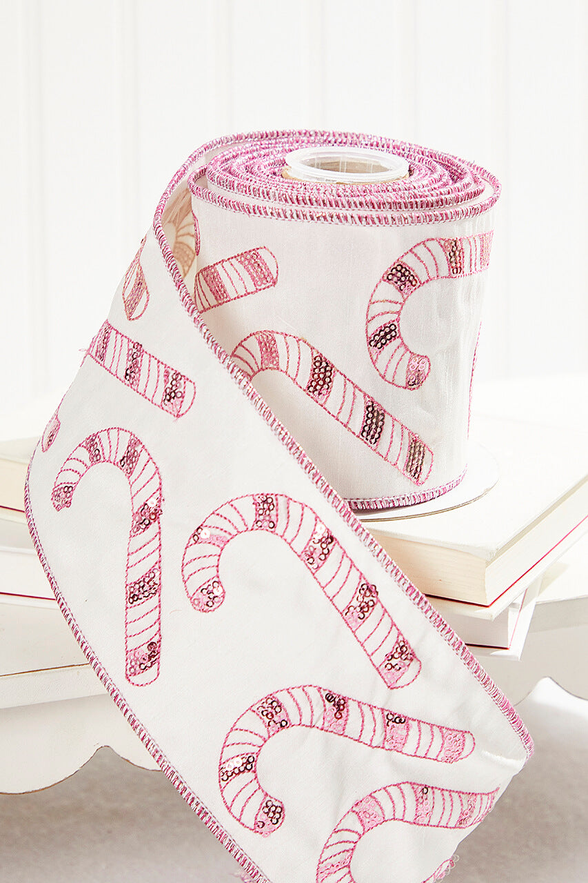 4" x 5 Yard Sequin Embroidered Pink Candy Cane Ribbon