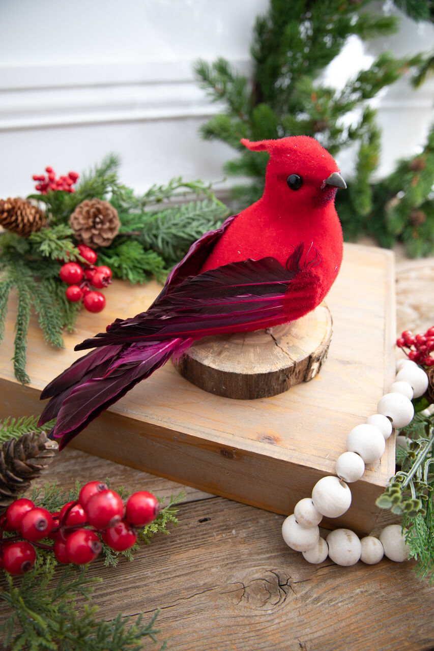 9” Velvet Feathered Cardinal Clip Ornament