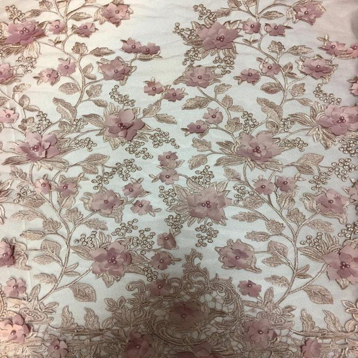 3D Embroidered Satin Floral Pearl Lace Fabric - 100 Percent Polyester Fabric, Floral Pearl Embroidery, 52" Width, 12" Panel (1 Yard)
