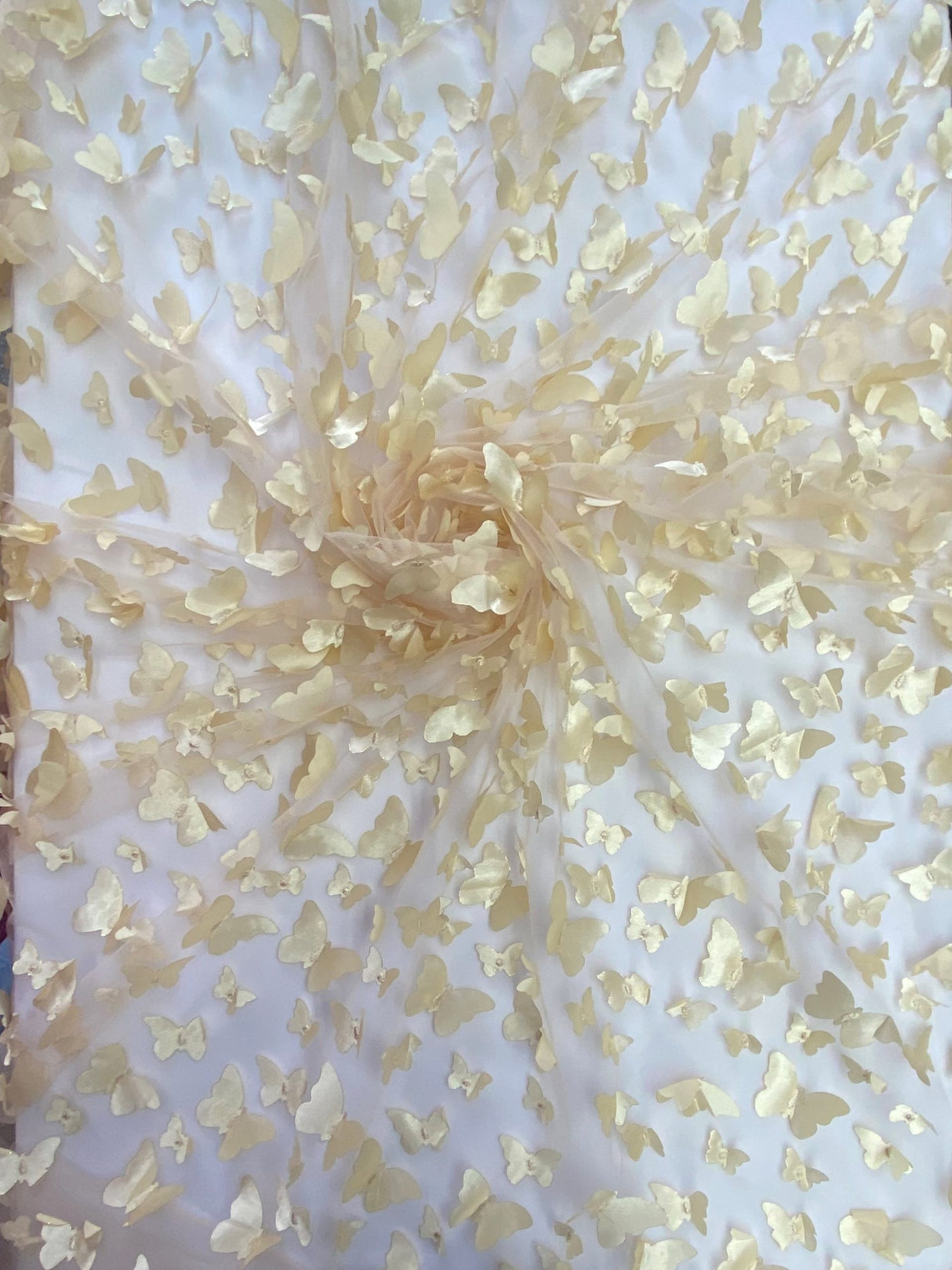 3D Butterflies Champagne Polyester Fabric - Light Weight Satin Butterflies On 2-Way Stretch Mesh, Champagne, 54" Width