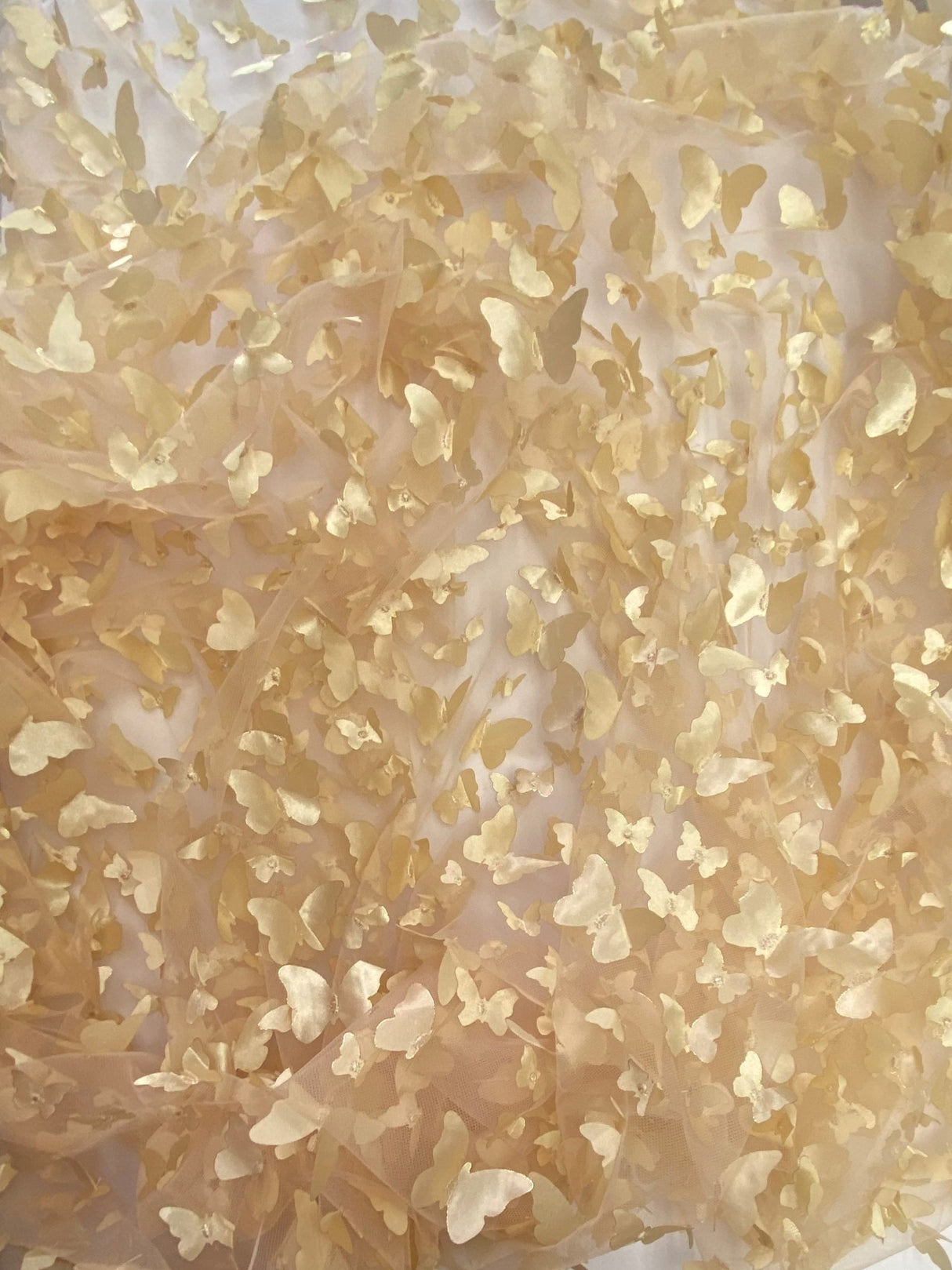 3D Butterflies Champagne Polyester Fabric - Light Weight Satin Butterflies On 2-Way Stretch Mesh, Champagne, 54" Width