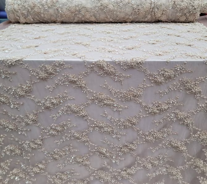 Beaded Bridal Lace Champagne Floral Mesh