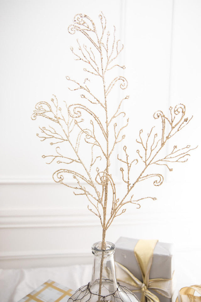 34" Champagne Glitter Lace Leaf Spray Christmas Decor