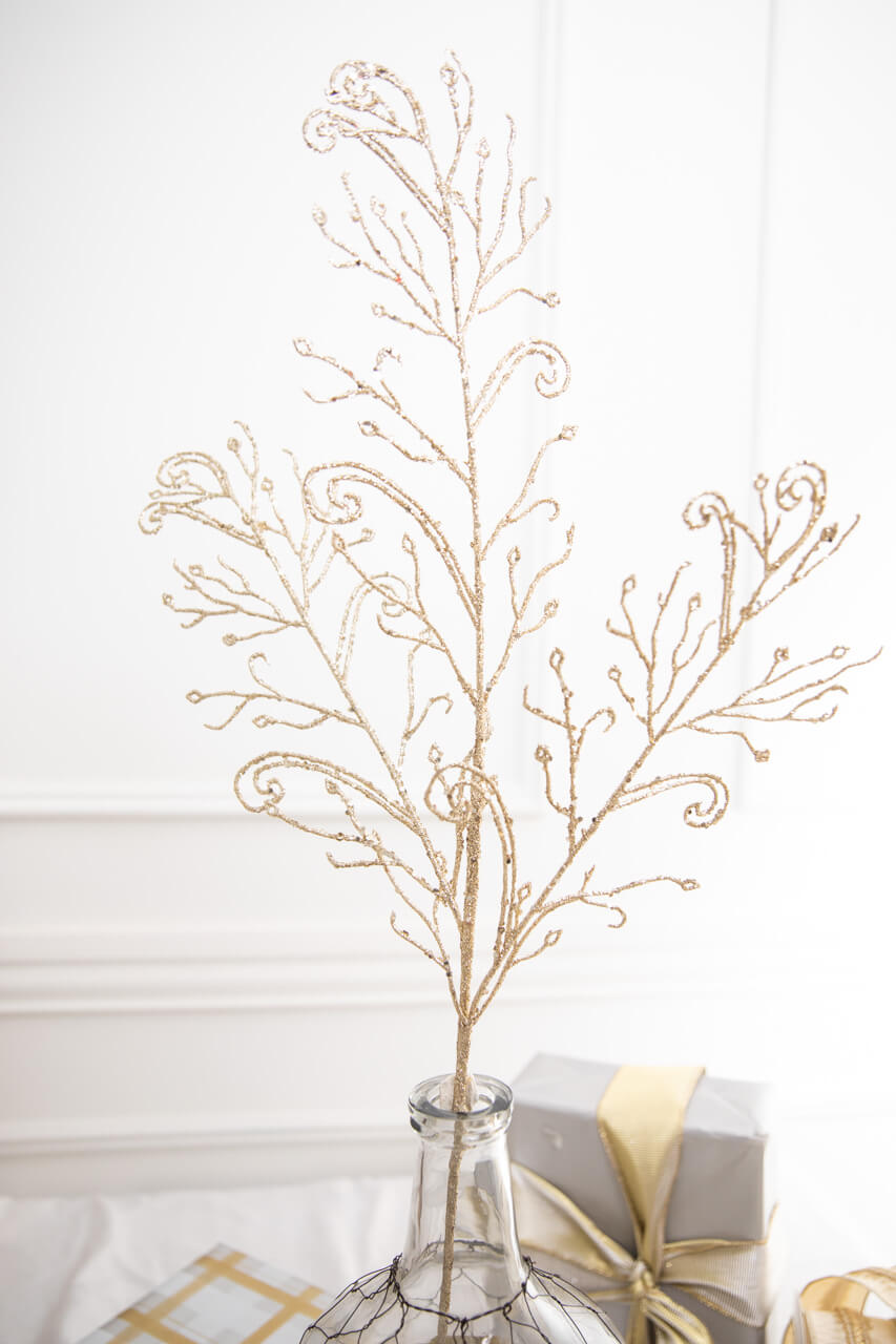 34" Champagne Glitter Lace Leaf Spray