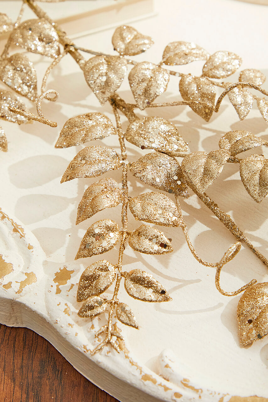 35” Champagne Glitter Leaf Spray