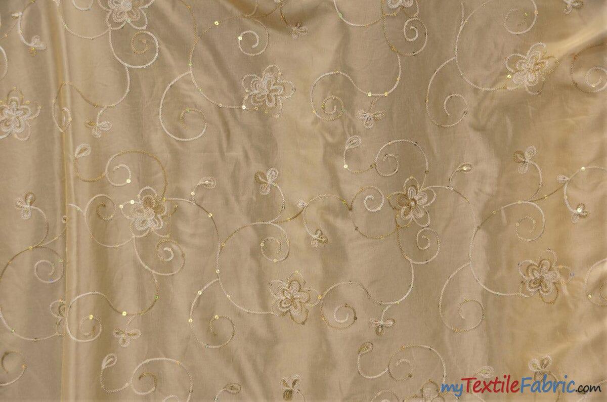 Aurora Taffeta Embroidered Floral Taffeta Fabric - Multi Color Floral Embroidery With Sequins, 54" Width (1 Yard)