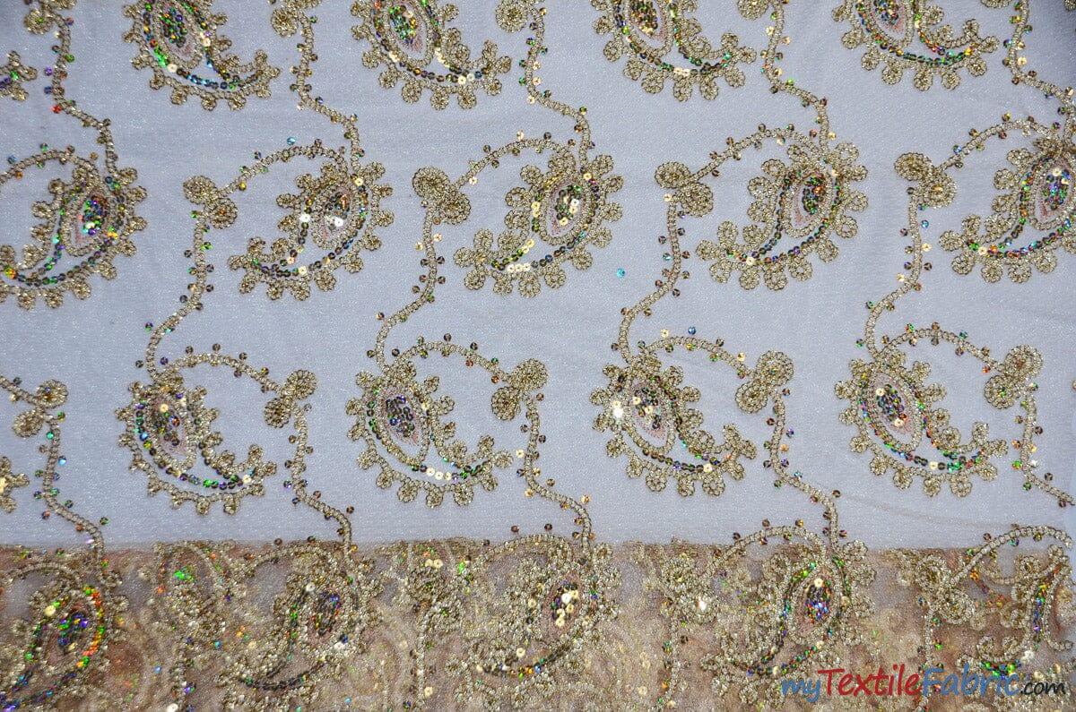 Coco Paisley Polyester Fabric - Sheer Embroidered Paisley, Double Scallop Lace, 52" Width (1 Yard)