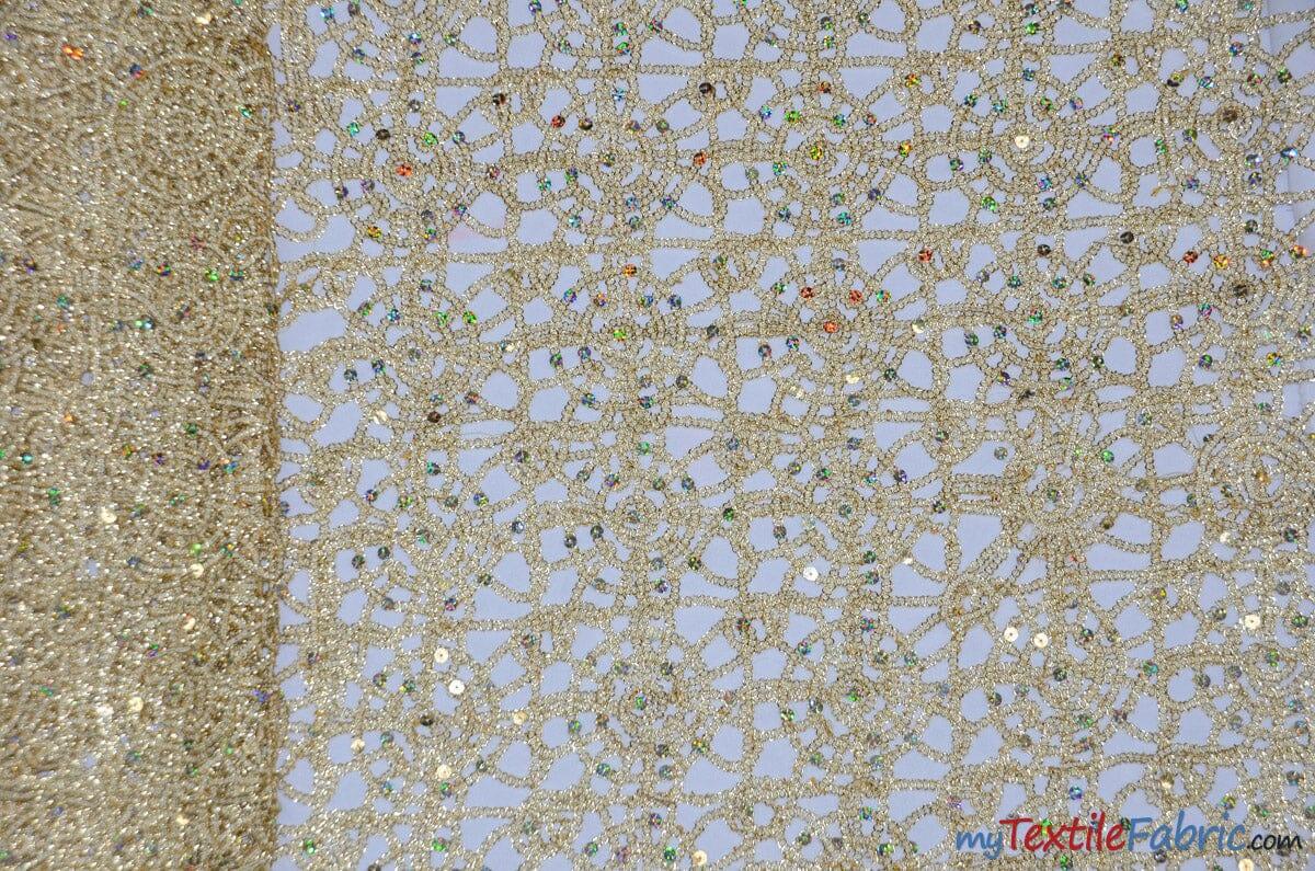 Open Weave Chain Chemical Lace Polyester Fabric - Sheer Metallic Open Work, Sequins Embellished, 50" Width, 10 Colors (1 Yard)