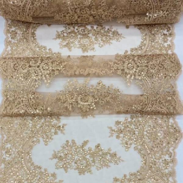 VT-14 Sequin Lace Fabric - Embroidered Mesh, Scalloped Edge, 20.08" Width