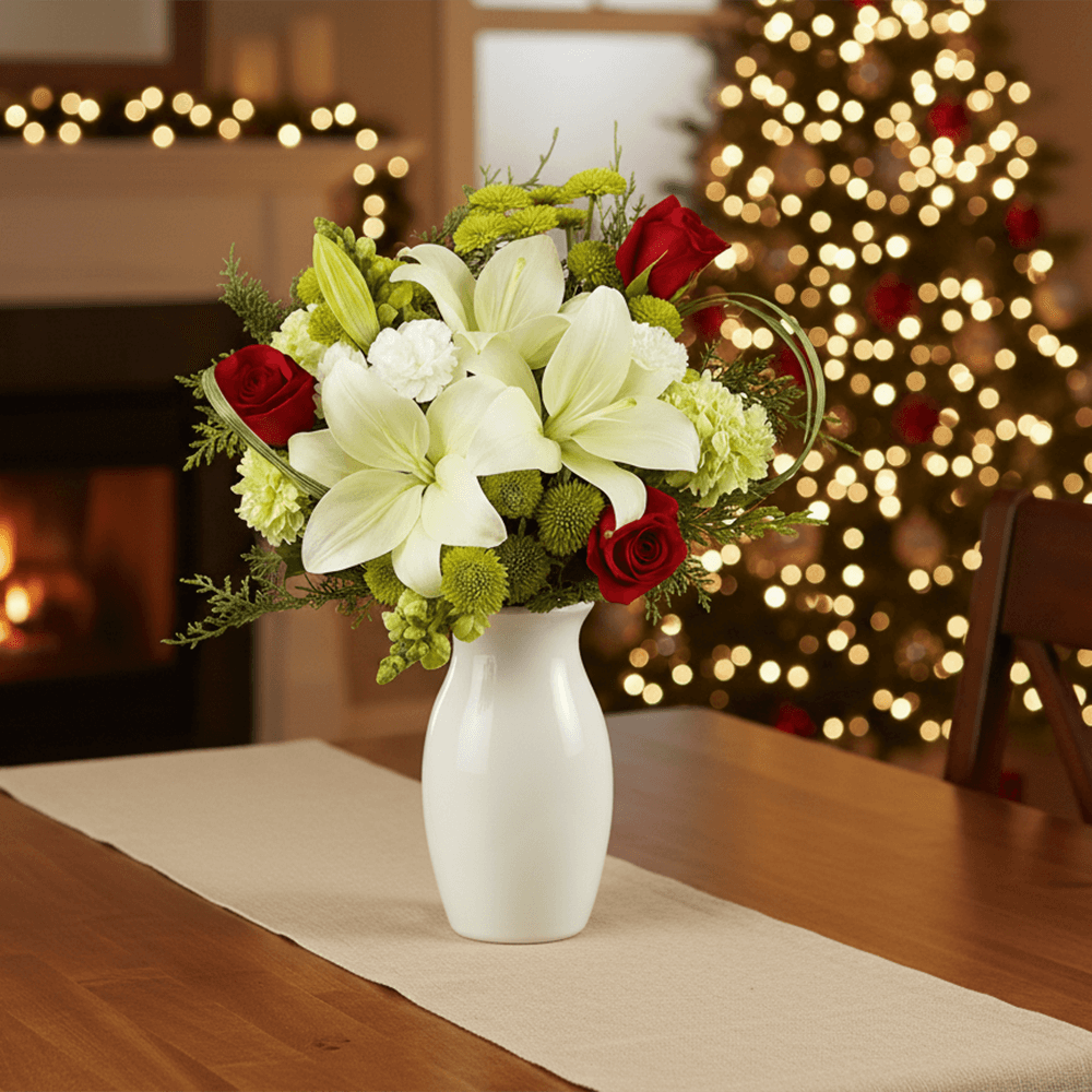 Heartfelt Christmas Arrangements Red Green White Holiday Flower Bouquet Festive Seasonal Floral Centerpiece
