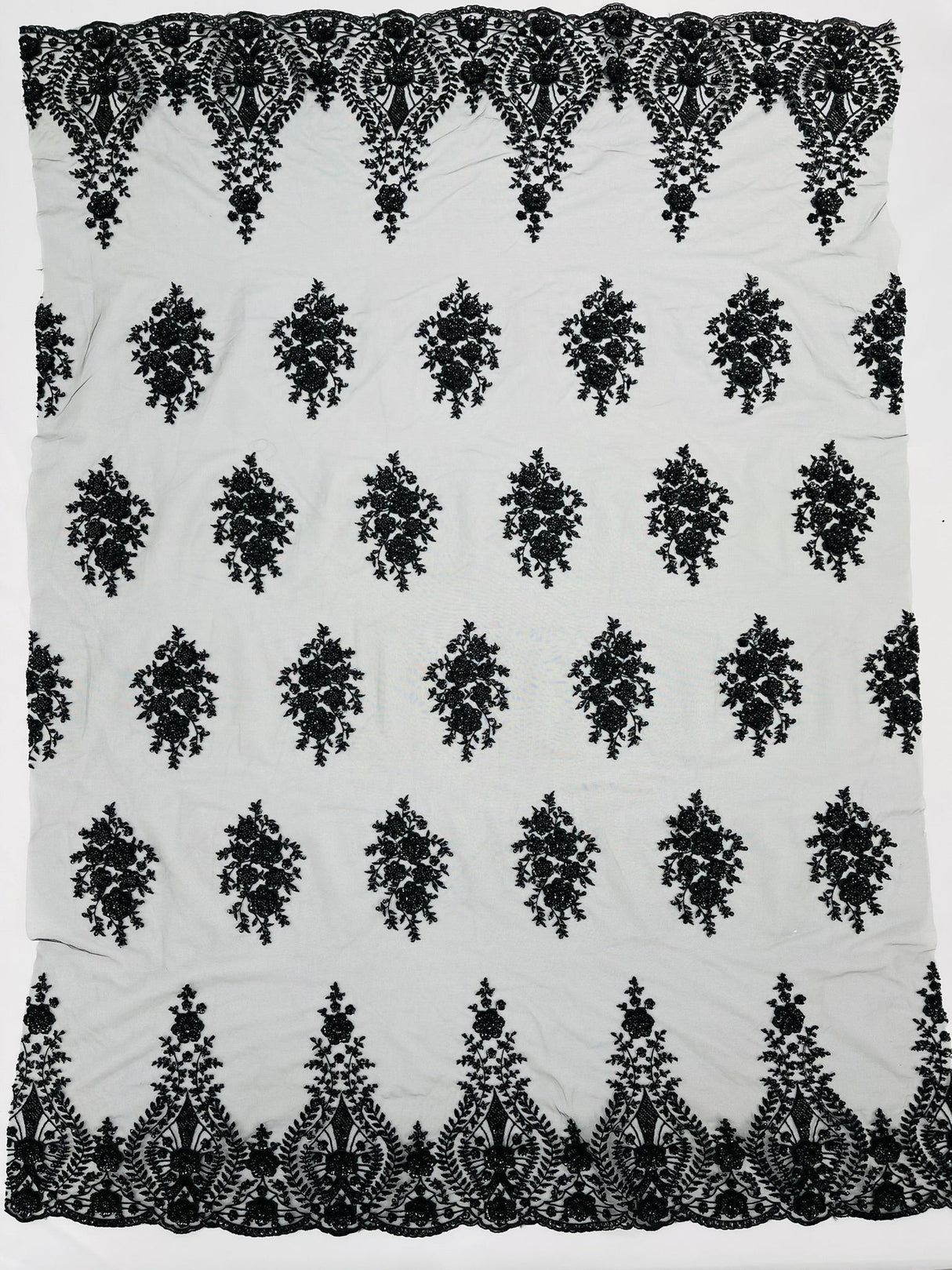 Classic Beaded Damask Lace Fabric - Beaded Damask Pattern, 54" Width (1 Yard)