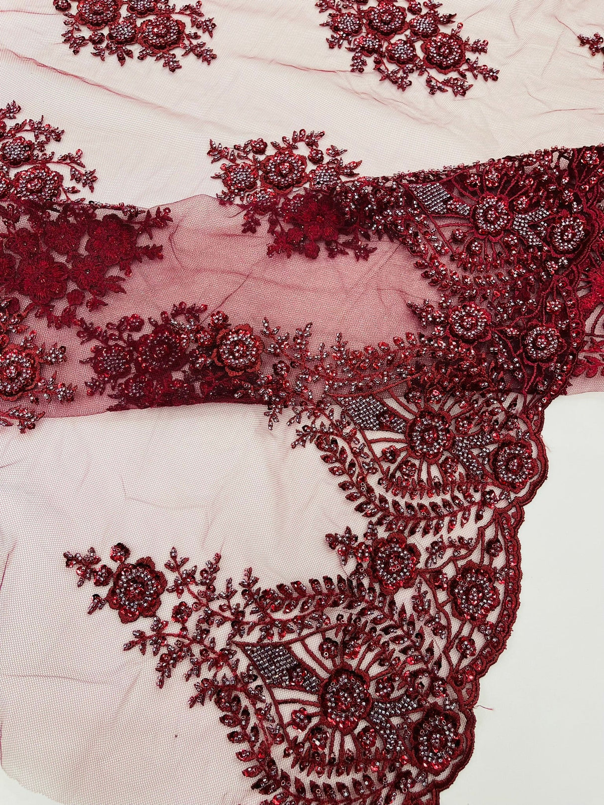 Classic Beaded Damask Lace Fabric - Beaded Damask Pattern, 54" Width (1 Yard)