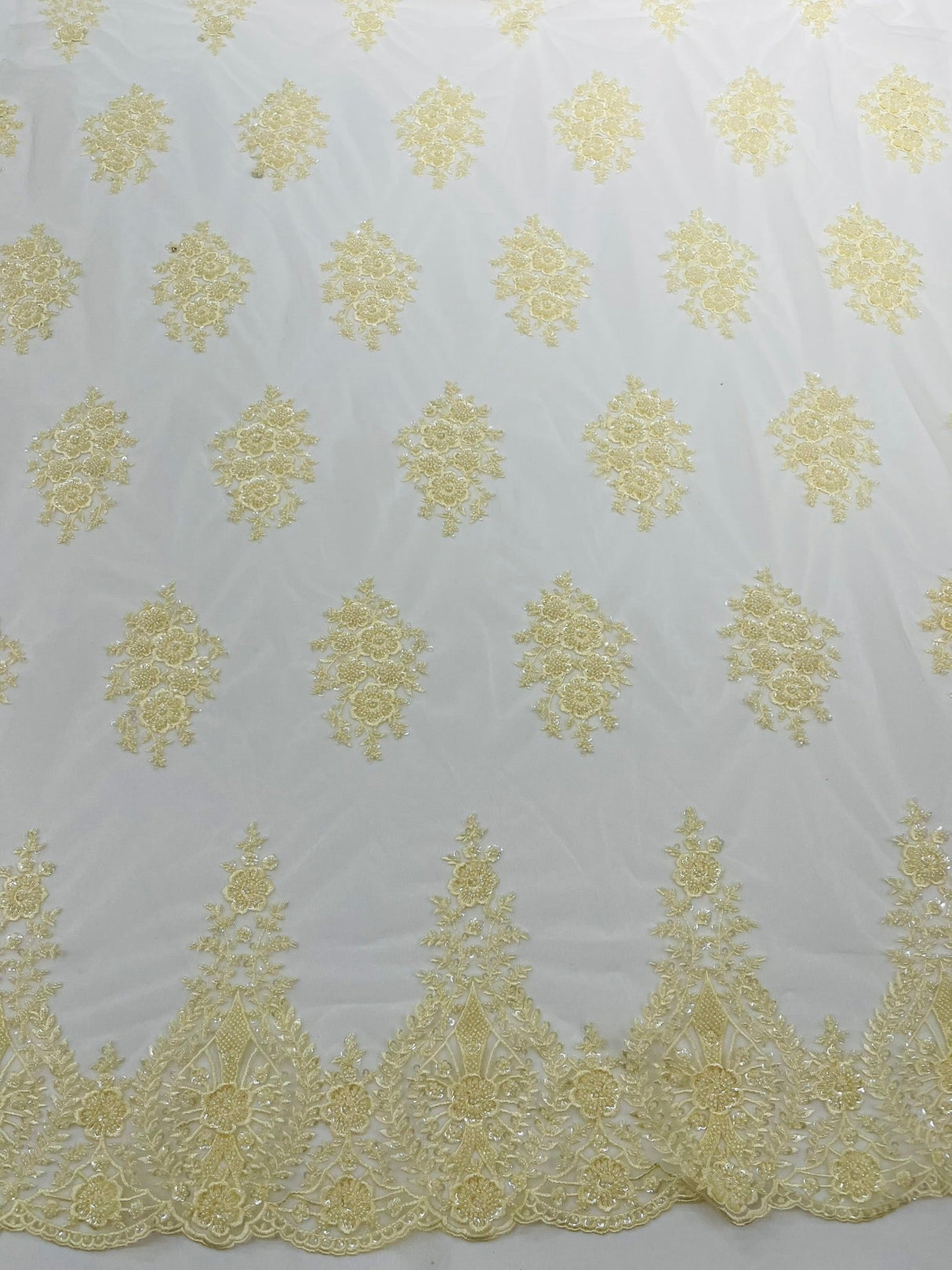 Classic Beaded Damask Lace Fabric - Beaded Damask Pattern, 54" Width (1 Yard)