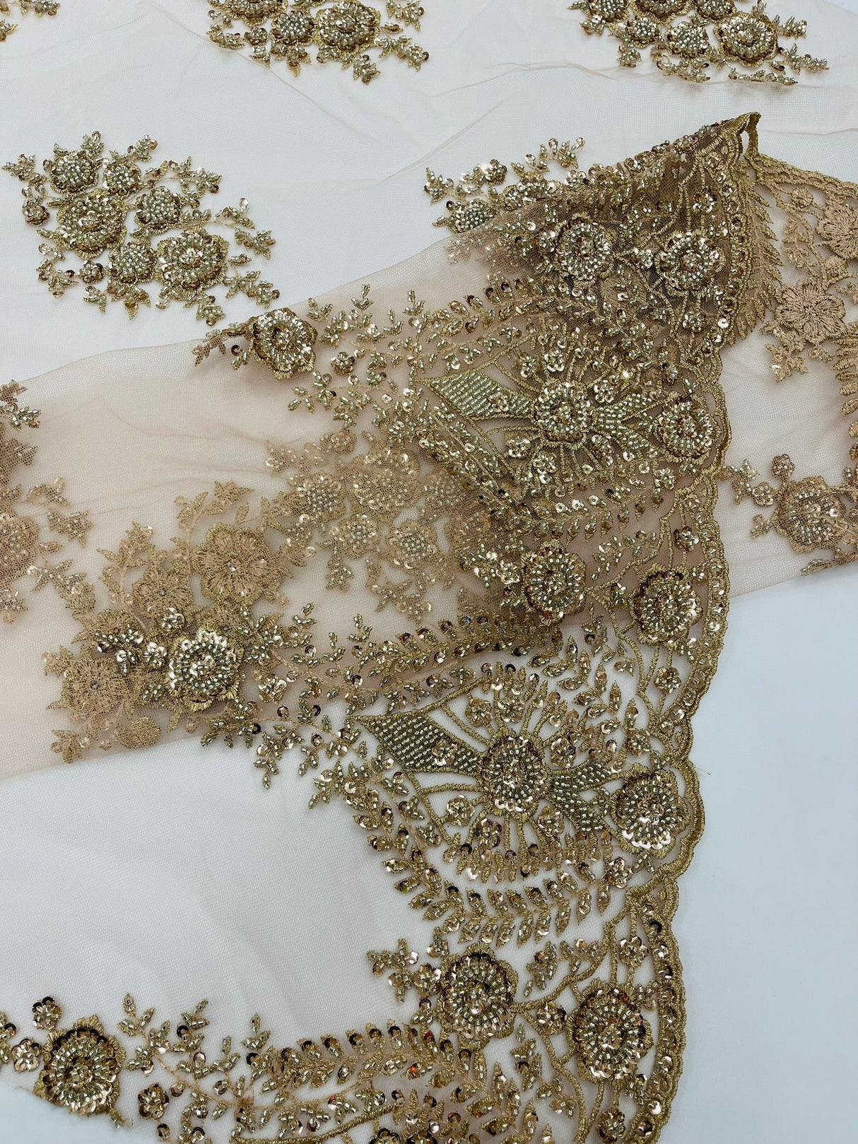 Classic Beaded Damask Lace Fabric - Beaded Damask Pattern, 54" Width (1 Yard)