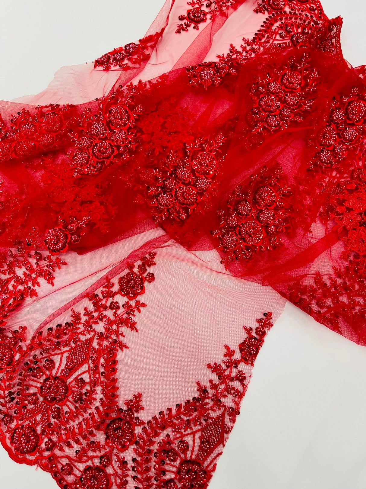 Classic Beaded Damask Lace Fabric - Beaded Damask Pattern, 54" Width (1 Yard)