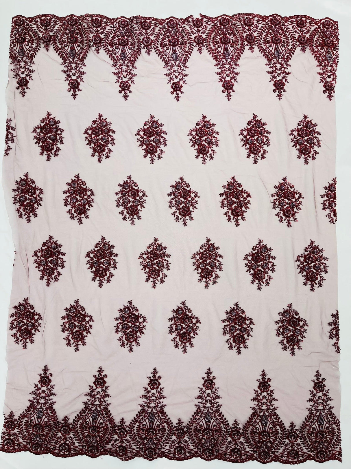 Classic Beaded Damask Lace Fabric - Beaded Damask Pattern, 54" Width (1 Yard)