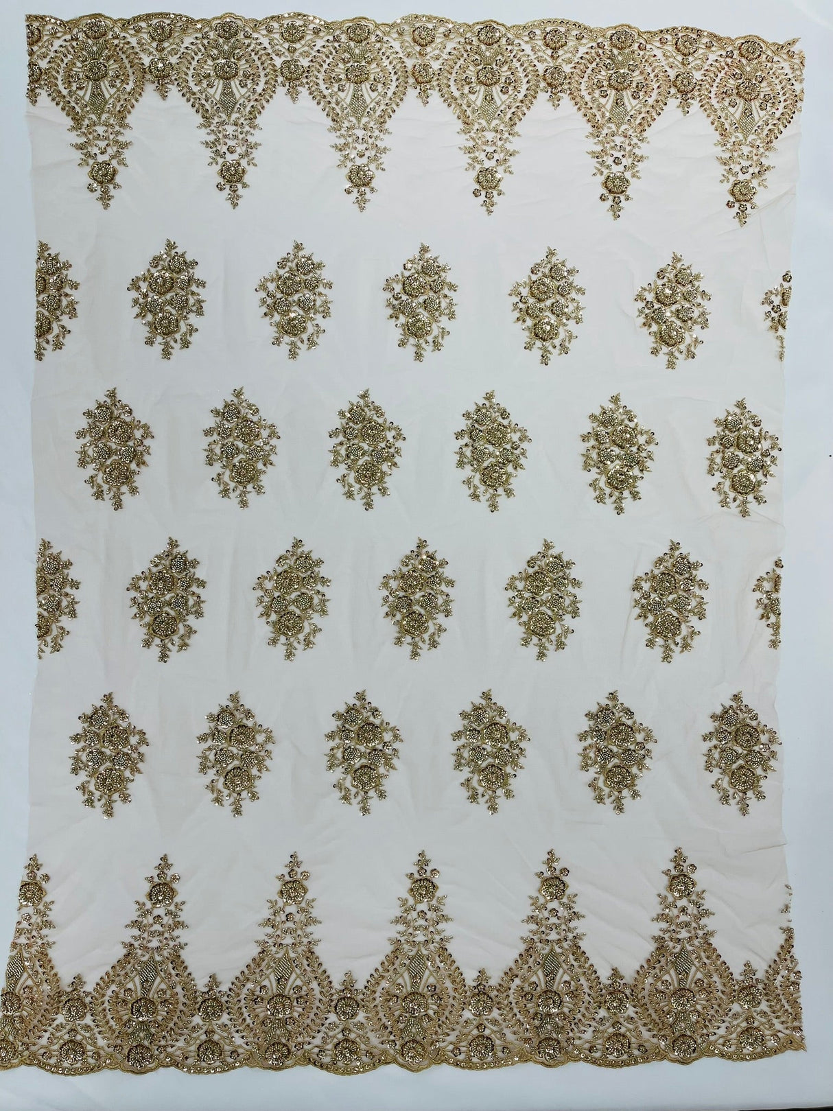 Classic Beaded Damask Lace Fabric - Beaded Damask Pattern, 54" Width (1 Yard)