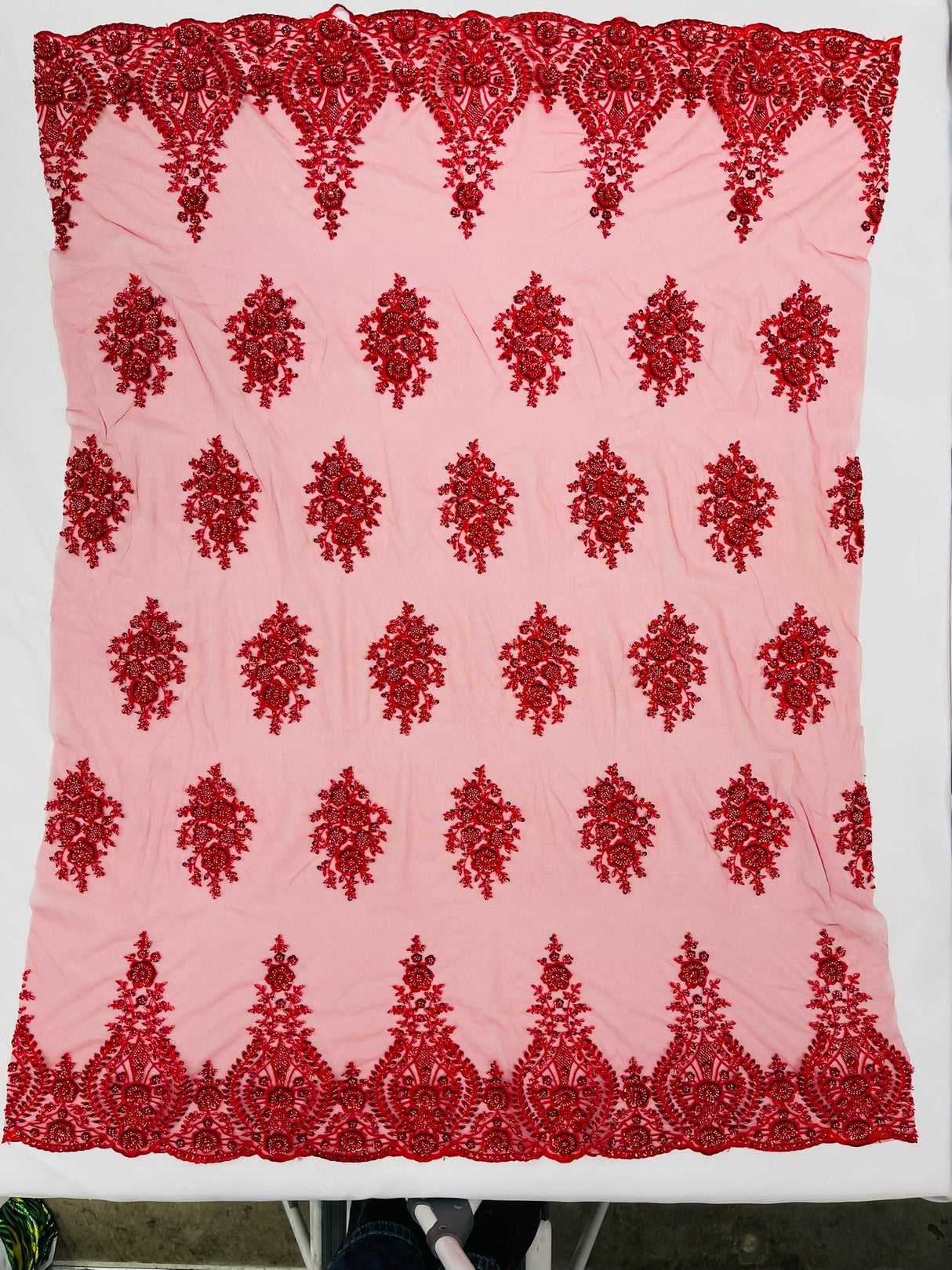 Classic Beaded Damask Lace Fabric - Beaded Damask Pattern, 54" Width (1 Yard)