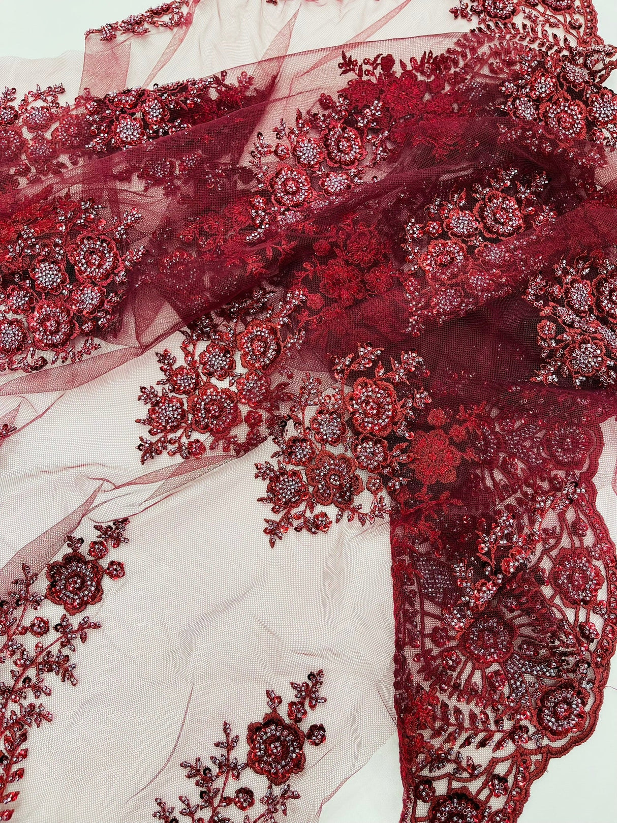 Classic Beaded Damask Lace Fabric - Beaded Damask Pattern, 54" Width (1 Yard)