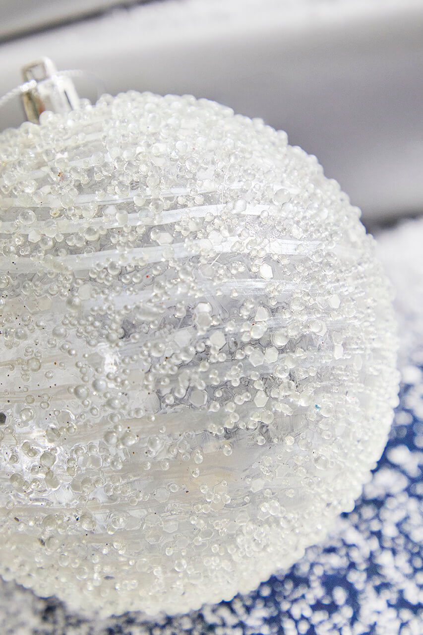 4” Clear White Swirl Iced Ball Ornament
