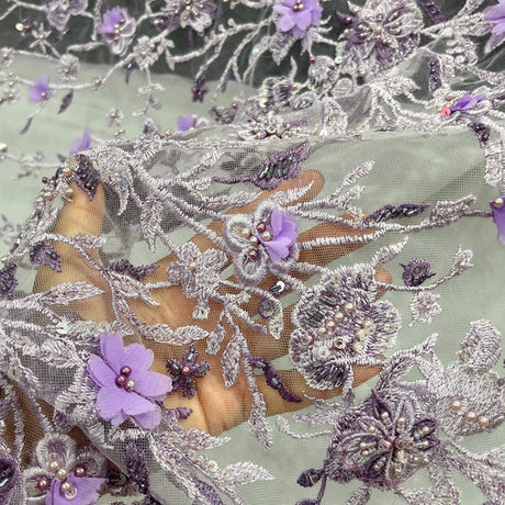 1 Yard Beaded 3D Floral Lace Fabric Rhinestone Embroidered 100 Percent Polyester Net Mesh 51 inch Width