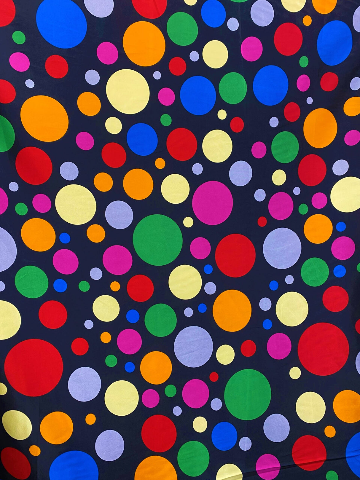 Multi Color Dots Polyester Satin Fabric - Black Multi Color Dots, 58" Width (1 Yard)