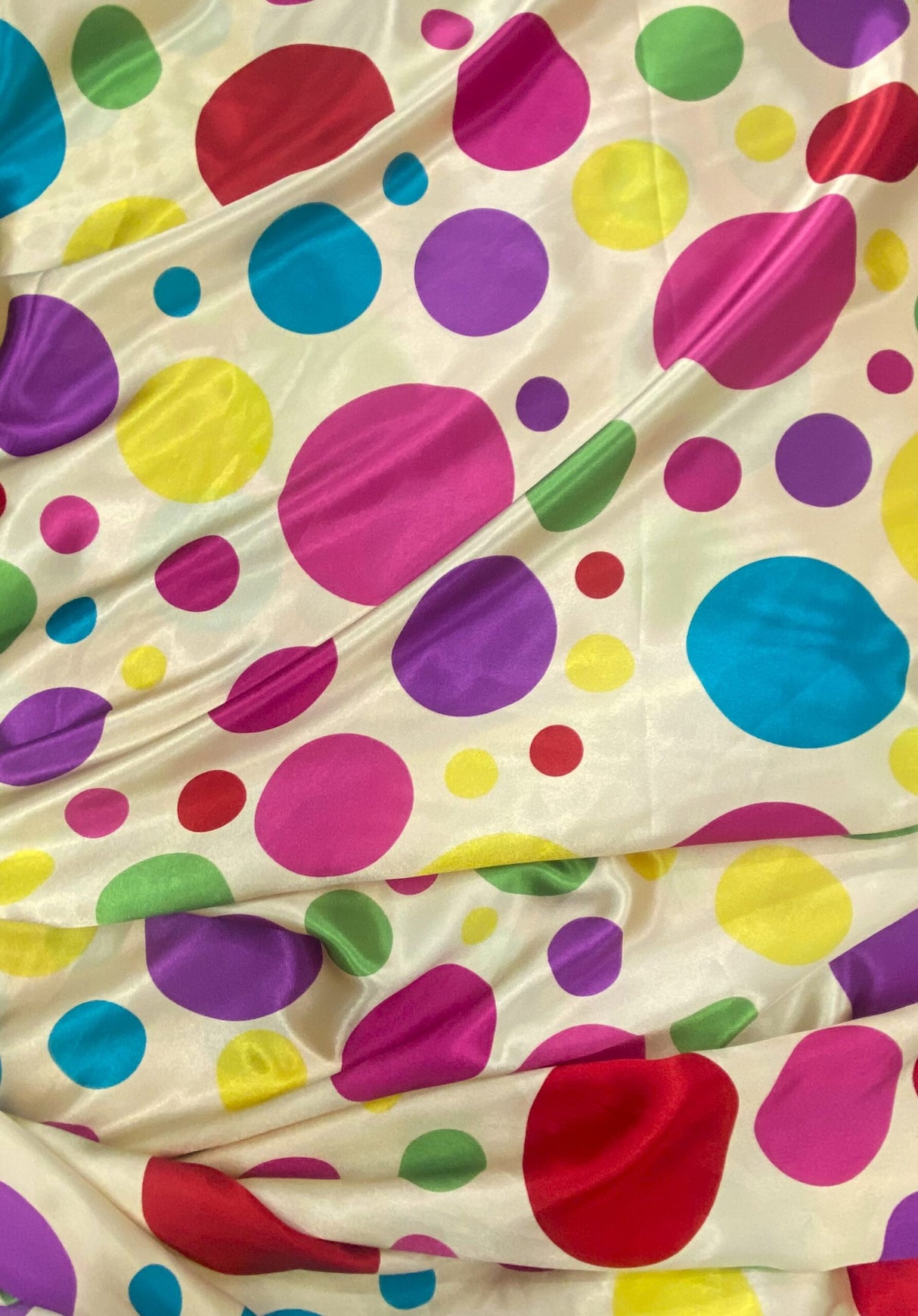 Multi Color Dots Polyester Satin Fabric - Dark Ivory, Multi Color Dots, 58" Width (1 Yard)