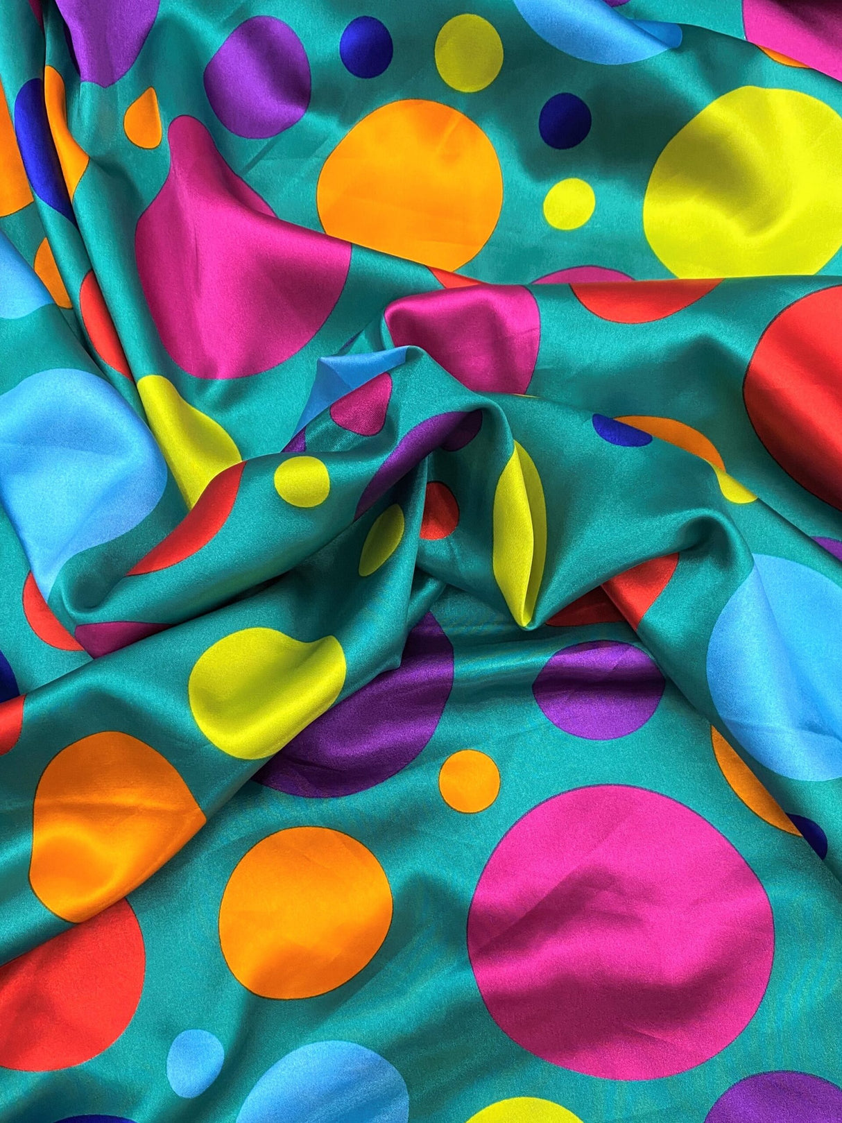 Multi Color Dots Polyester Satin Fabric - Jade Multi Color Dots, 58" Width (1 Yard)