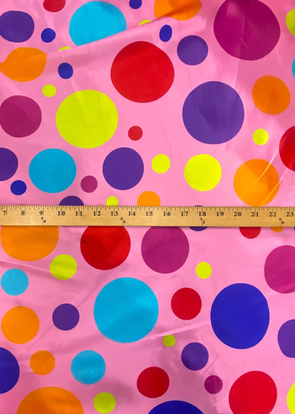 Multi Color Dots Polyester Satin Fabric - Candy Pink Multi Color Dots, 58" Width (1 Yard)
