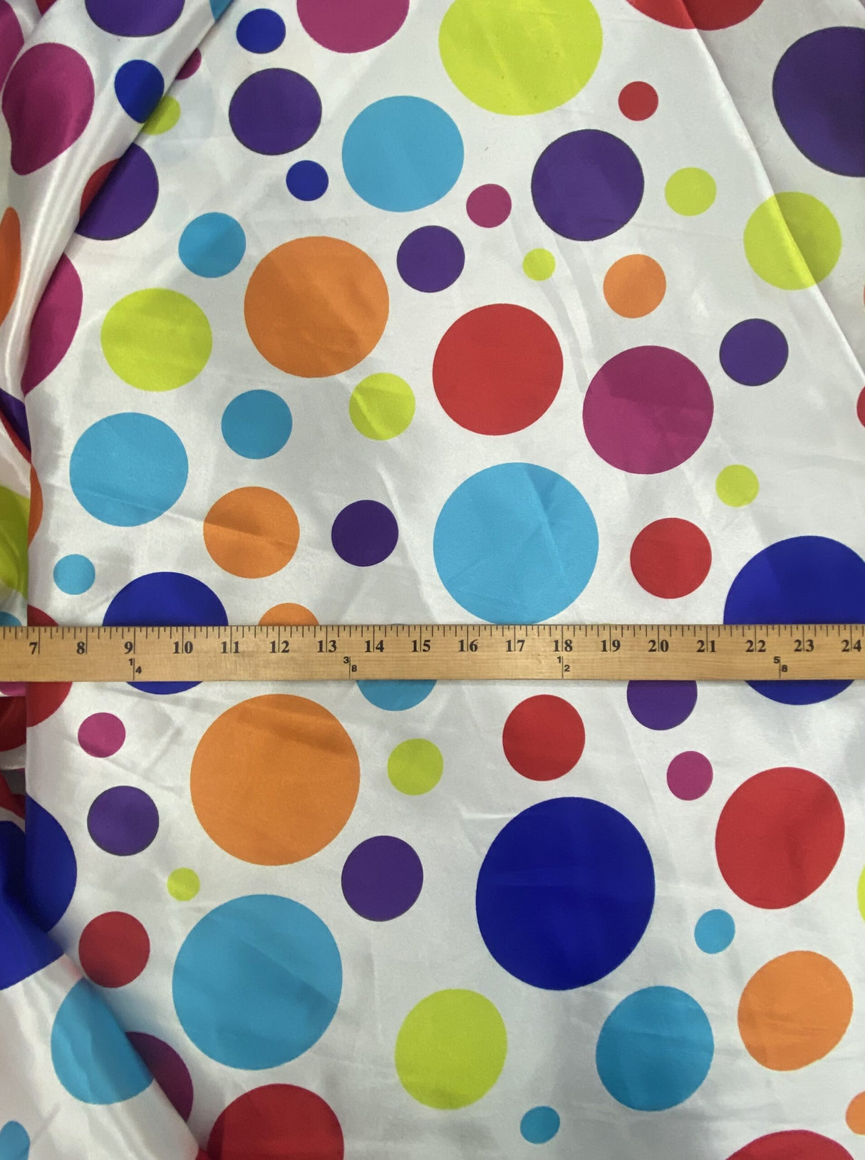 Multi Color Dots Polyester Satin Fabric - White Multi Color Dots, 58" Width (1 Yard)