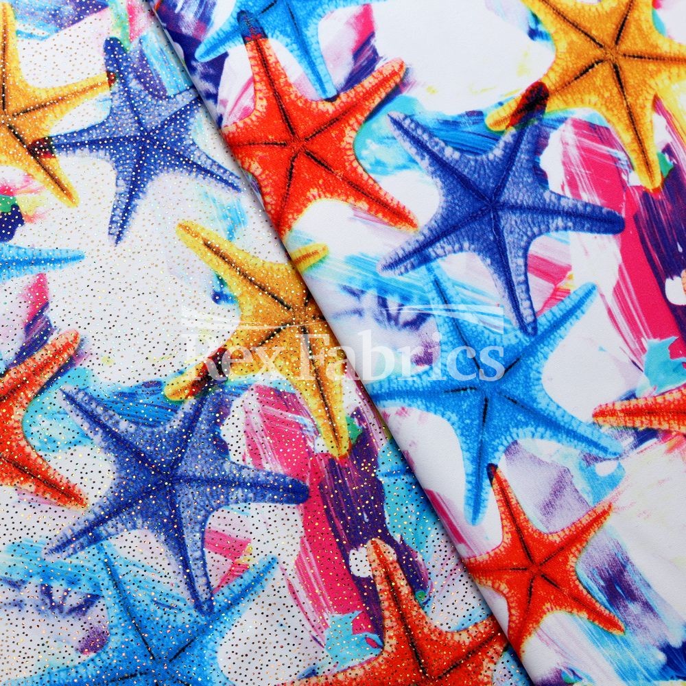 Coral Reef Polyester Spandex Fabric - Multi Star/Coral Print, 58/60" Width (1 Yard)