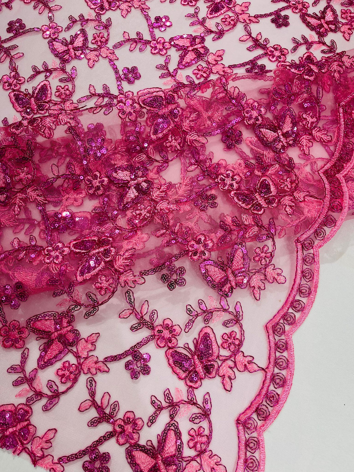 Corded Lace Butterfly Design Polyester Fabric - Butterfly Embroidered Sequin Mesh Lace, 50-54" Width (1 Yard)