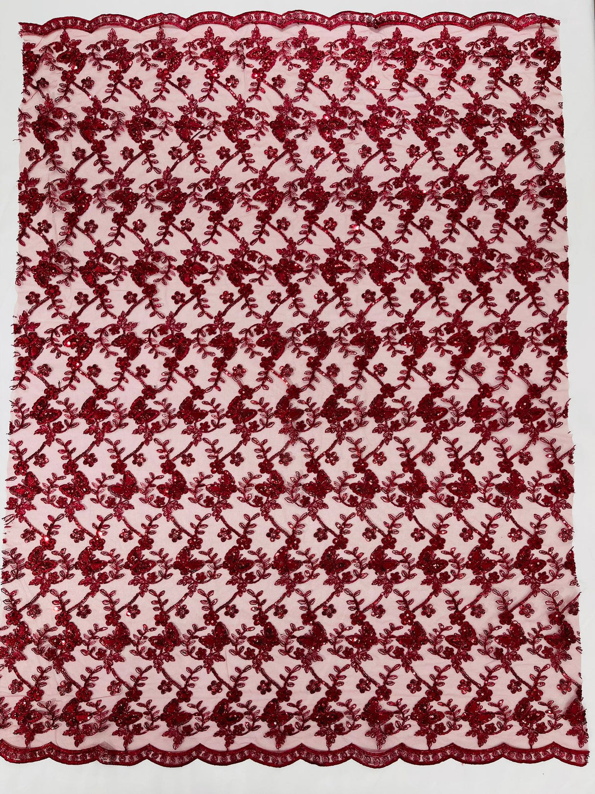 Corded Lace Butterfly Design Polyester Fabric - Butterfly Embroidered Sequin Mesh Lace, 50-54" Width (1 Yard)