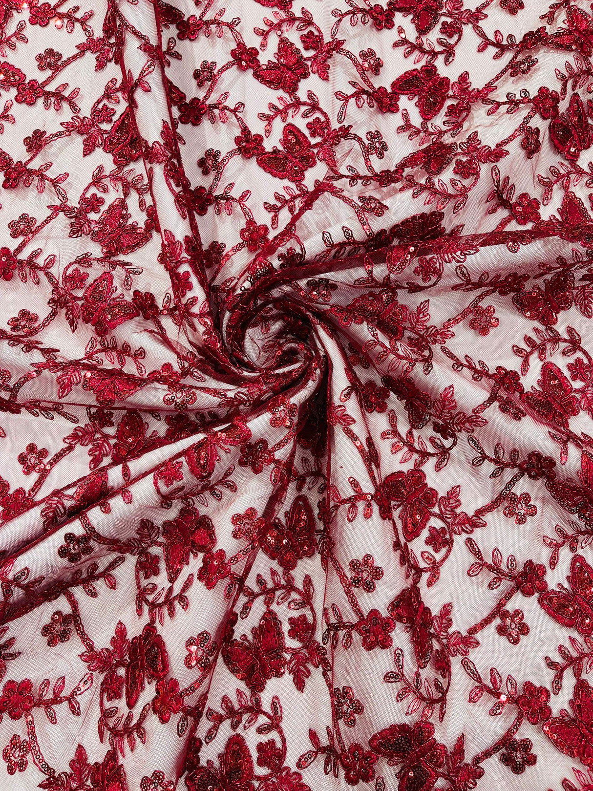 Corded Lace Butterfly Design Polyester Fabric - Butterfly Embroidered Sequin Mesh Lace, 50-54" Width (1 Yard)
