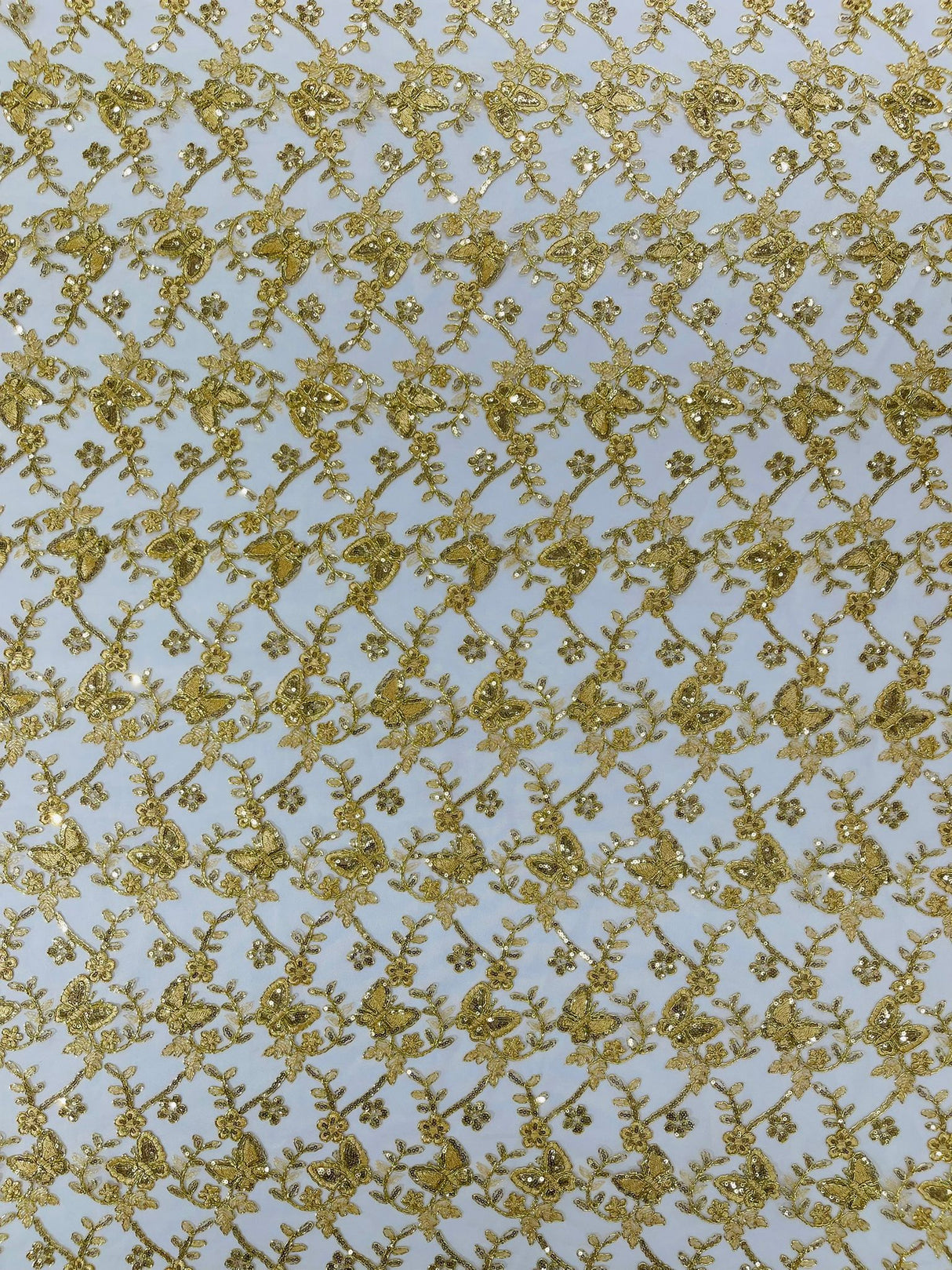 Corded Lace Butterfly Design Polyester Fabric - Butterfly Embroidered Sequin Mesh Lace, 50-54" Width (1 Yard)
