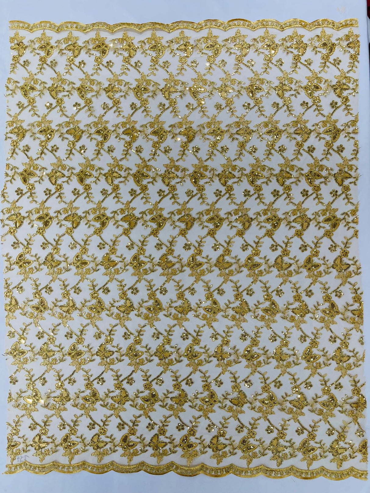Corded Lace Butterfly Design Polyester Fabric - Butterfly Embroidered Sequin Mesh Lace, 50-54" Width (1 Yard)