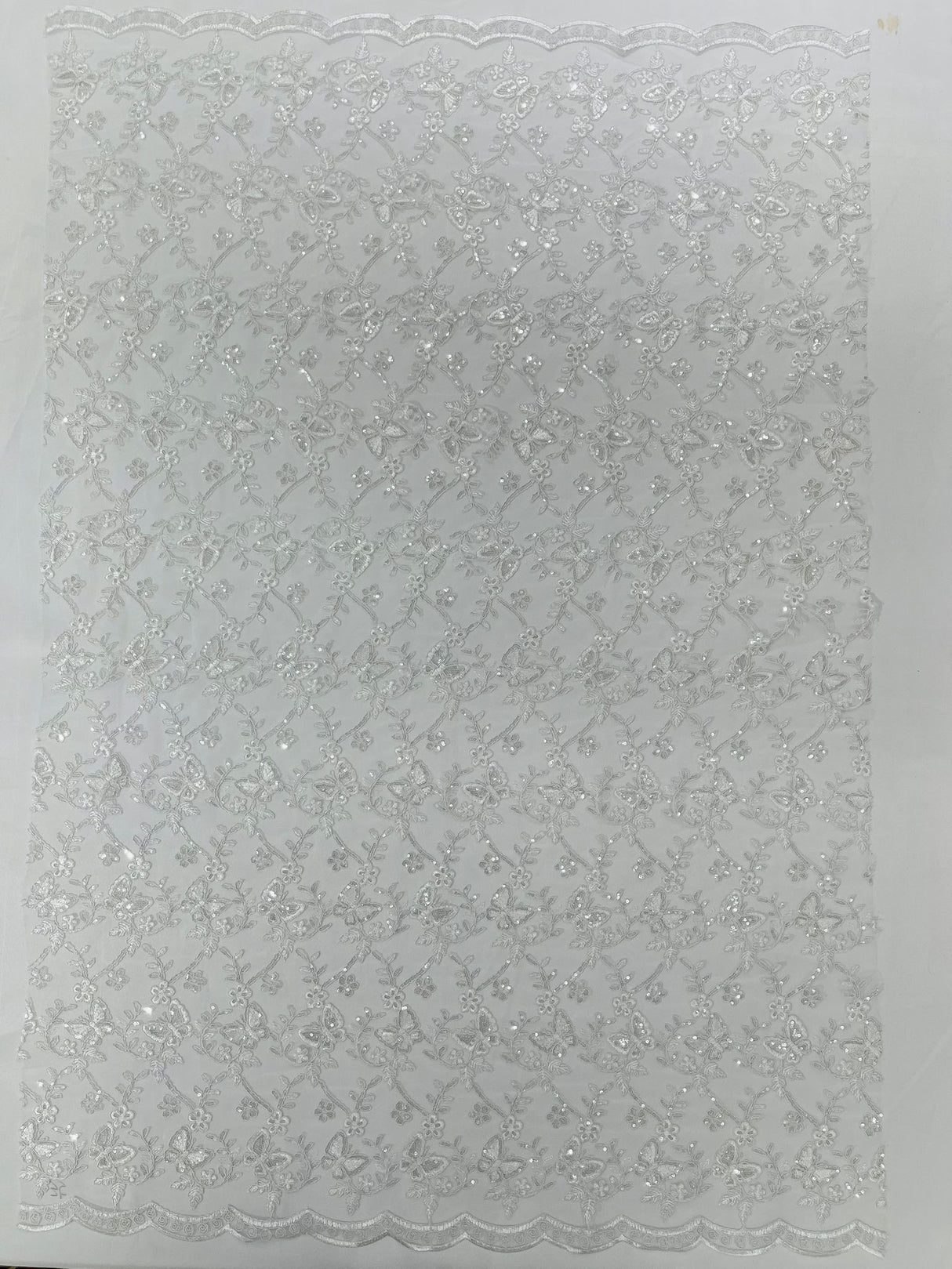 Corded Lace Butterfly Design Polyester Fabric - Butterfly Embroidered Sequin Mesh Lace, 50-54" Width (1 Yard)
