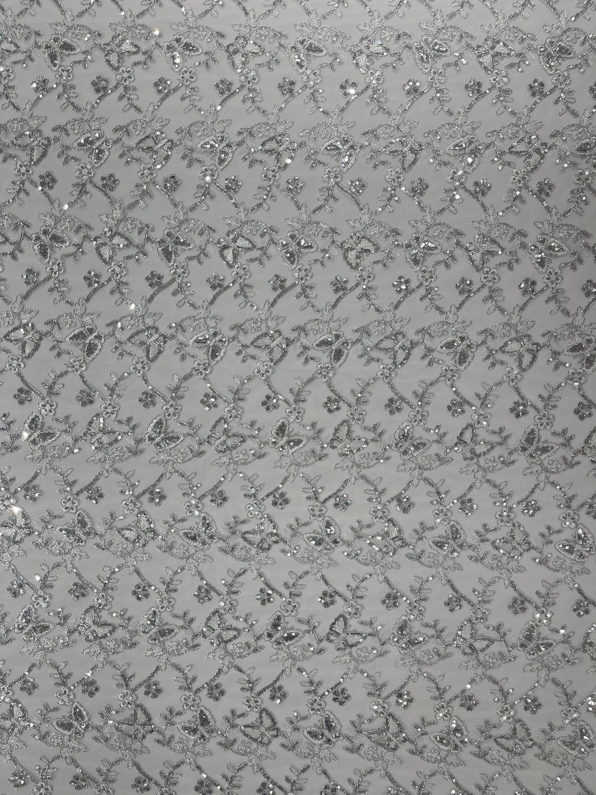 Corded Lace Butterfly Design Polyester Fabric - Butterfly Embroidered Sequin Mesh Lace, 50-54" Width (1 Yard)