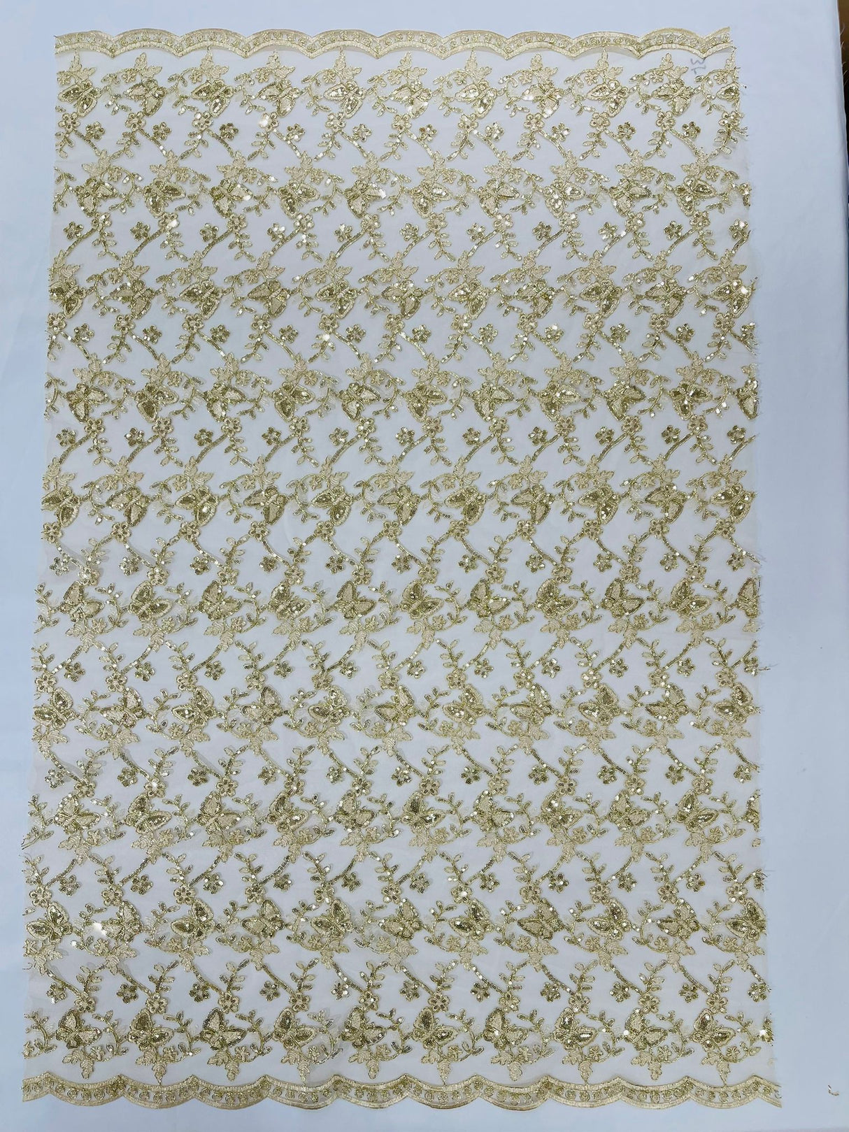 Corded Lace Butterfly Design Polyester Fabric - Butterfly Embroidered Sequin Mesh Lace, 50-54" Width (1 Yard)