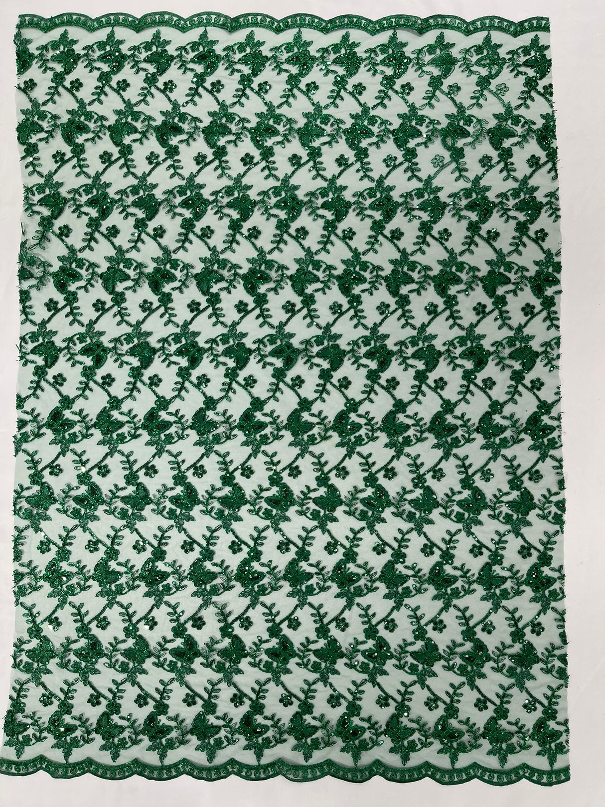 Corded Lace Butterfly Design Polyester Fabric - Butterfly Embroidered Sequin Mesh Lace, 50-54" Width (1 Yard)