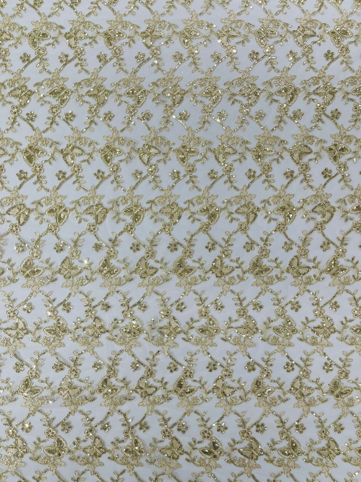 Corded Lace Butterfly Design Polyester Fabric - Butterfly Embroidered Sequin Mesh Lace, 50-54" Width (1 Yard)