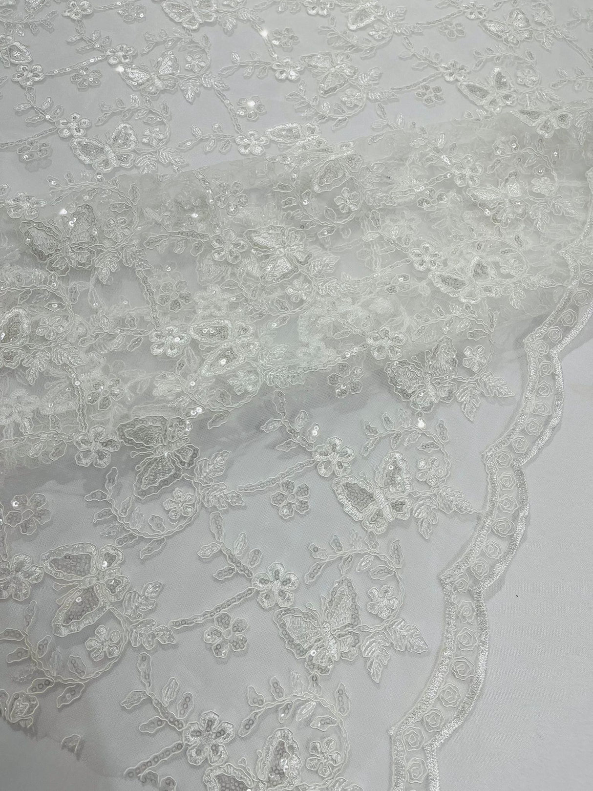 Corded Lace Butterfly Design Polyester Fabric - Butterfly Embroidered Sequin Mesh Lace, 50-54" Width (1 Yard)
